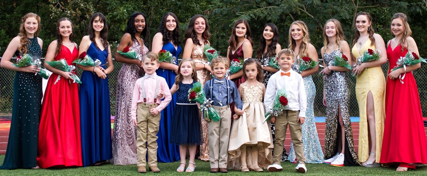 Mineola High School homecoming queen nominees and duchesses include, back from left, Macy Fischer, Sunni Ruffin, Olivia Toledo, Tahjae Black, Brittany Pickle,Camila Ramos, Melissa Rojas, Pricila Torres, Alyssa Lankford, Toni Brannan, Caidyn Anderson and Allison Hooton. Serving as crown and flower bearers were, front from left, Jase Blackwell, Eva Wilson, Eason Hooton, Harper Wade and John Ross Moreland.